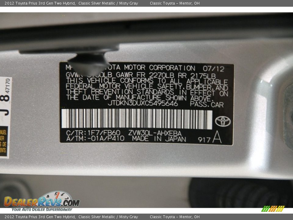 2012 Toyota Prius 3rd Gen Two Hybrid Classic Silver Metallic / Misty Gray Photo #18