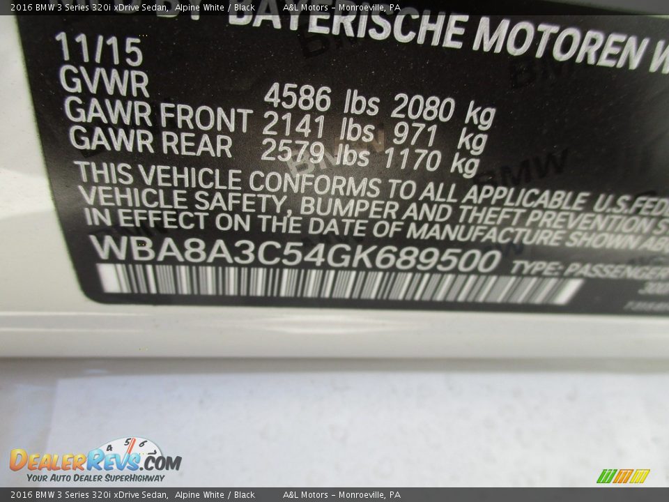 2016 BMW 3 Series 320i xDrive Sedan Alpine White / Black Photo #19