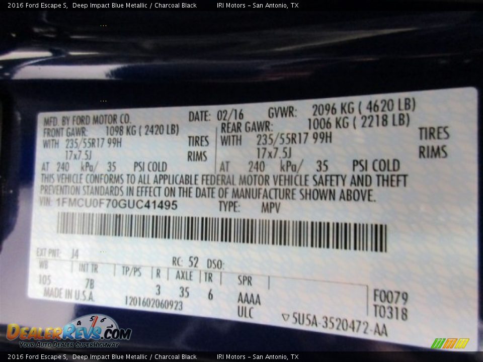 2016 Ford Escape S Deep Impact Blue Metallic / Charcoal Black Photo #30