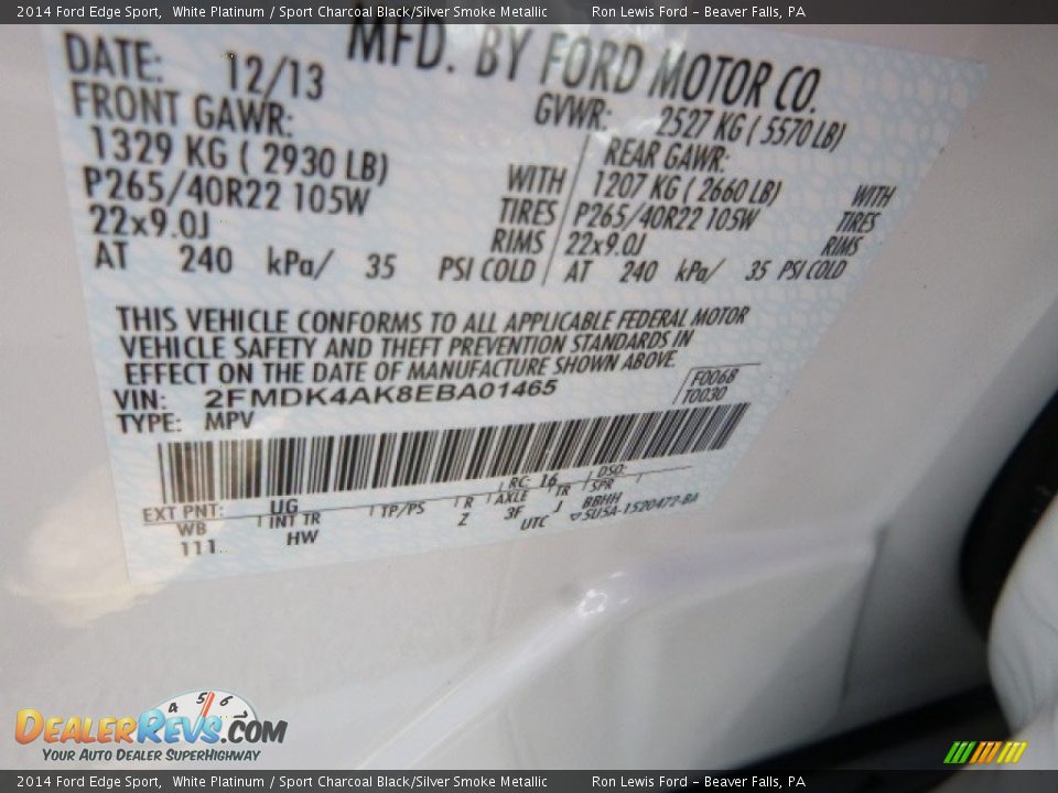 2014 Ford Edge Sport White Platinum / Sport Charcoal Black/Silver Smoke Metallic Photo #17