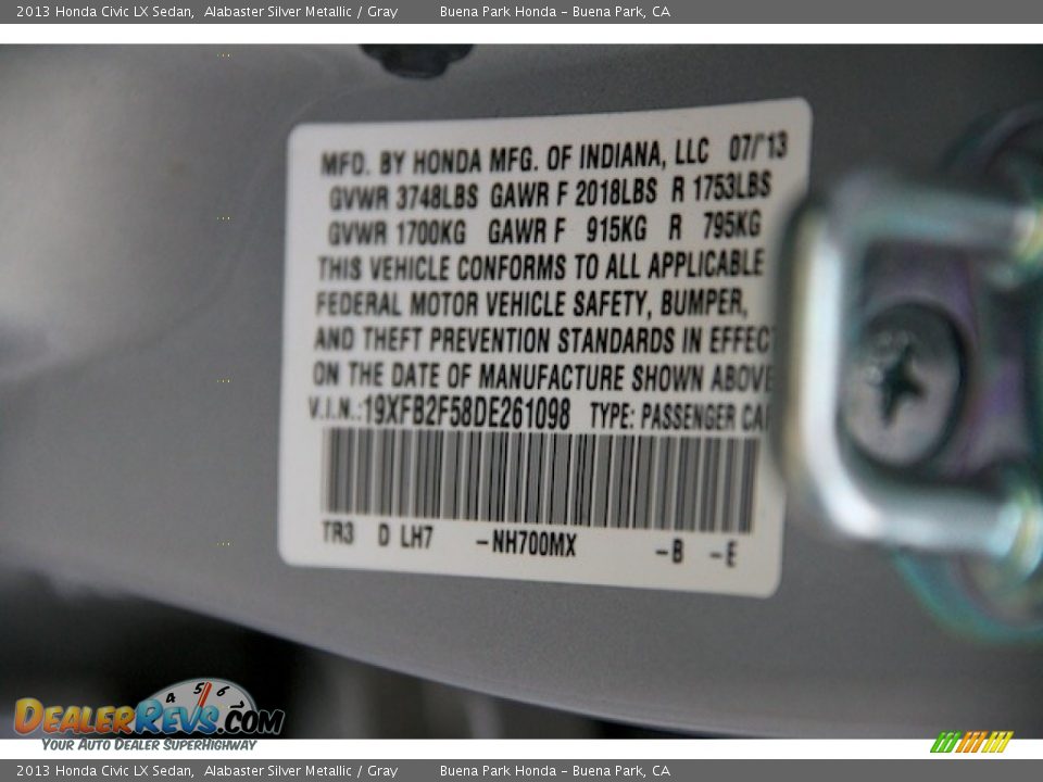 2013 Honda Civic LX Sedan Alabaster Silver Metallic / Gray Photo #31