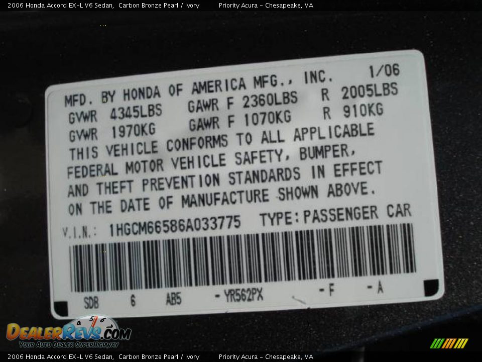 2006 Honda Accord EX-L V6 Sedan Carbon Bronze Pearl / Ivory Photo #24