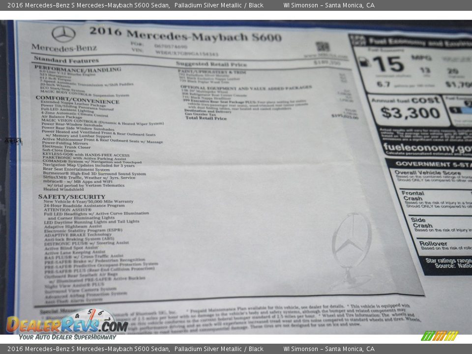2016 Mercedes-Benz S Mercedes-Maybach S600 Sedan Window Sticker Photo #10