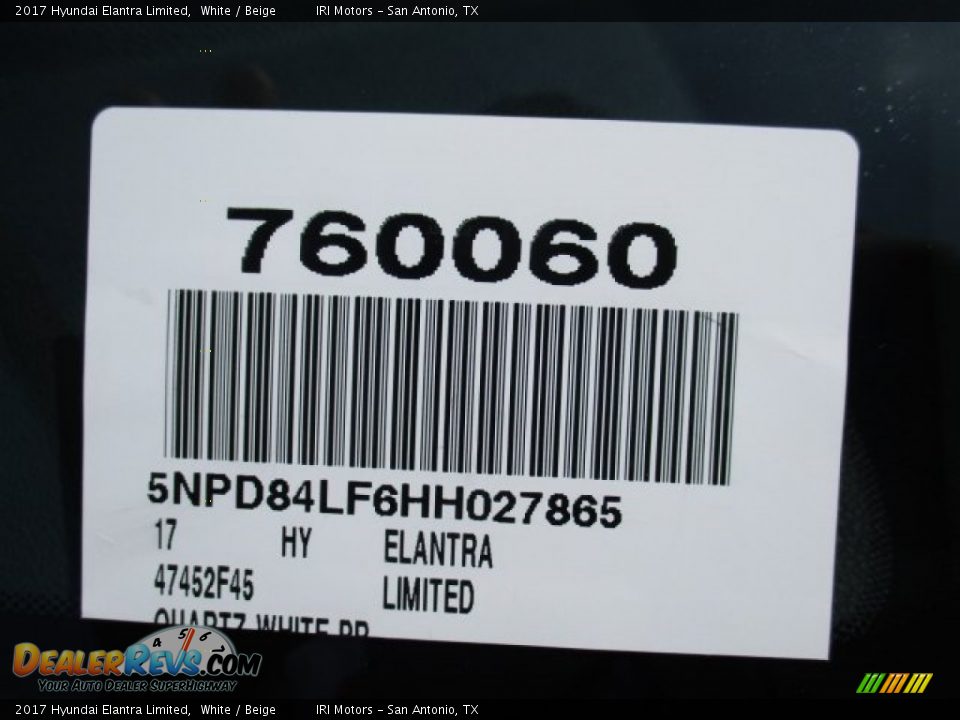 2017 Hyundai Elantra Limited White / Beige Photo #21