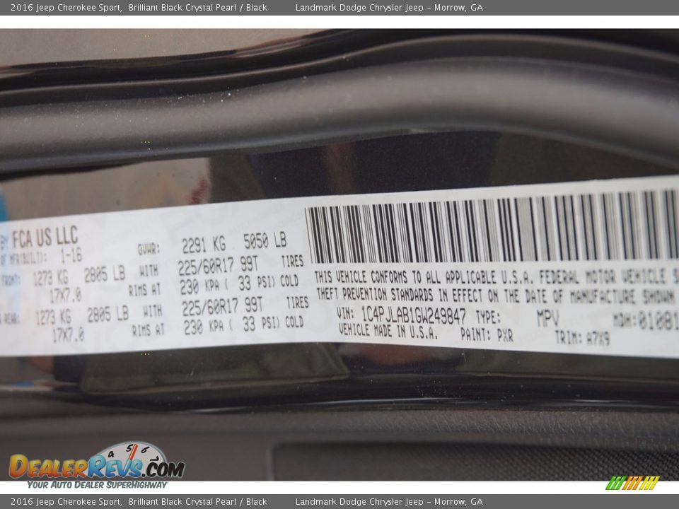 2016 Jeep Cherokee Sport Brilliant Black Crystal Pearl / Black Photo #9