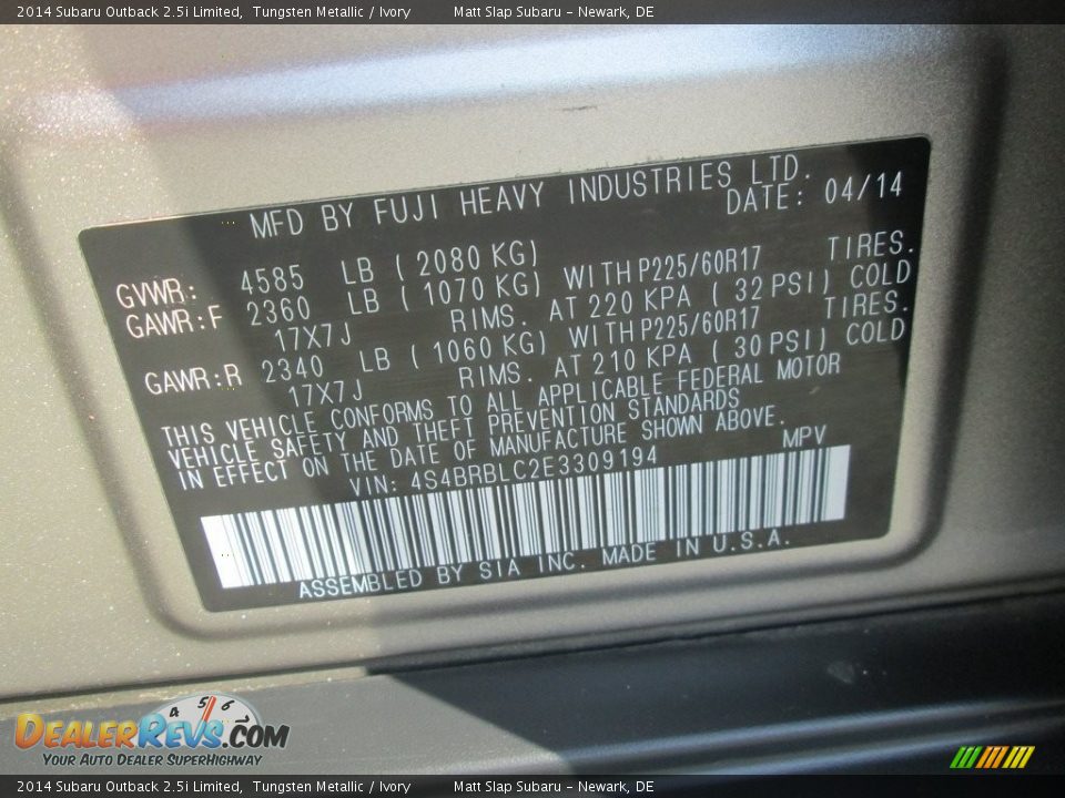 2014 Subaru Outback 2.5i Limited Tungsten Metallic / Ivory Photo #29
