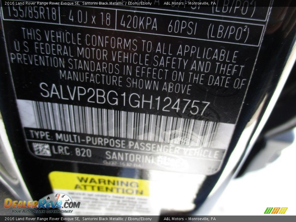 2016 Land Rover Range Rover Evoque SE Santorini Black Metalllic / Ebony/Ebony Photo #19