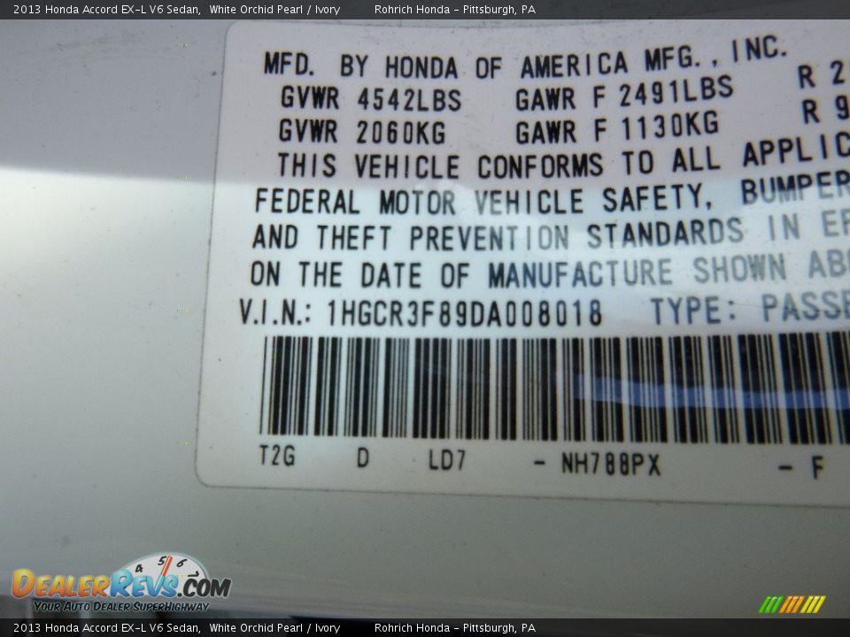 2013 Honda Accord EX-L V6 Sedan White Orchid Pearl / Ivory Photo #25