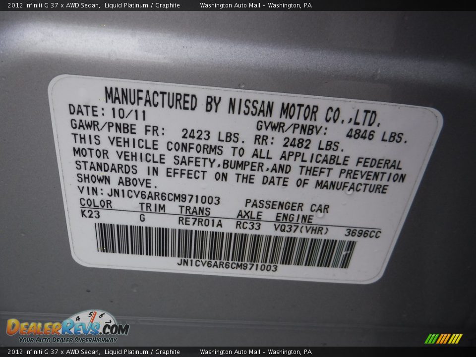 2012 Infiniti G 37 x AWD Sedan Liquid Platinum / Graphite Photo #24
