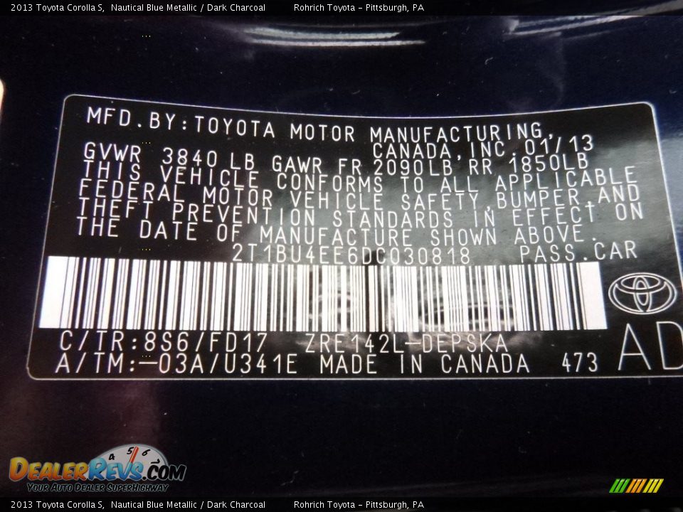 2013 Toyota Corolla S Nautical Blue Metallic / Dark Charcoal Photo #25