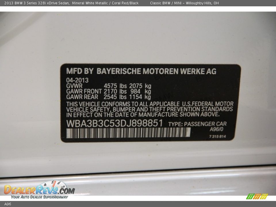 BMW Color Code A96 Mineral White Metallic
