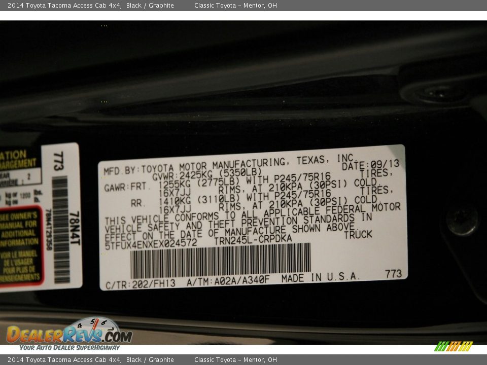 2014 Toyota Tacoma Access Cab 4x4 Black / Graphite Photo #19