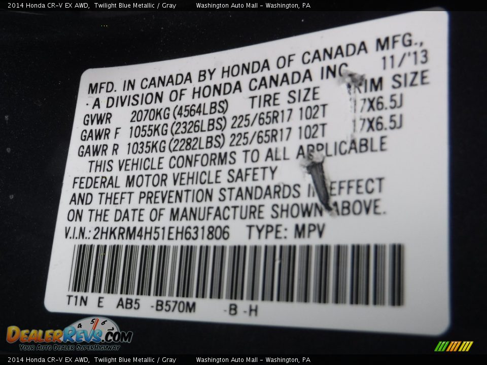 2014 Honda CR-V EX AWD Twilight Blue Metallic / Gray Photo #19