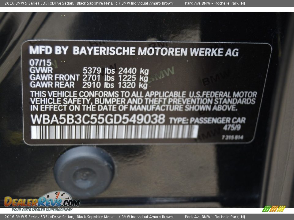 2016 BMW 5 Series 535i xDrive Sedan Black Sapphire Metallic / BMW Individual Amaro Brown Photo #33