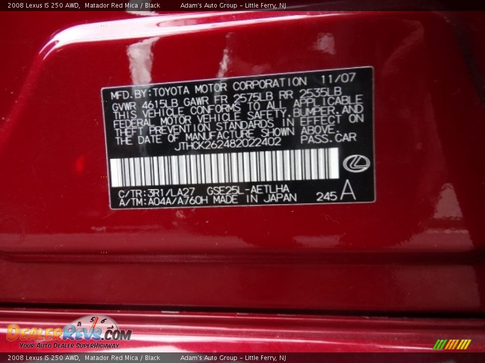 2008 Lexus IS 250 AWD Matador Red Mica / Black Photo #29