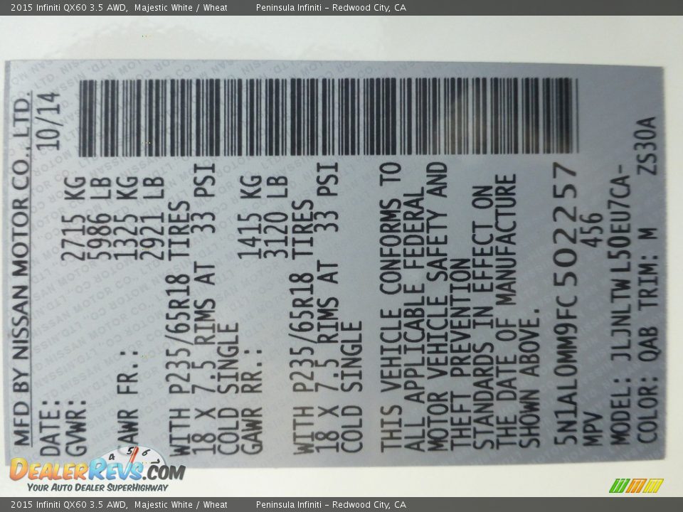2015 Infiniti QX60 3.5 AWD Majestic White / Wheat Photo #26