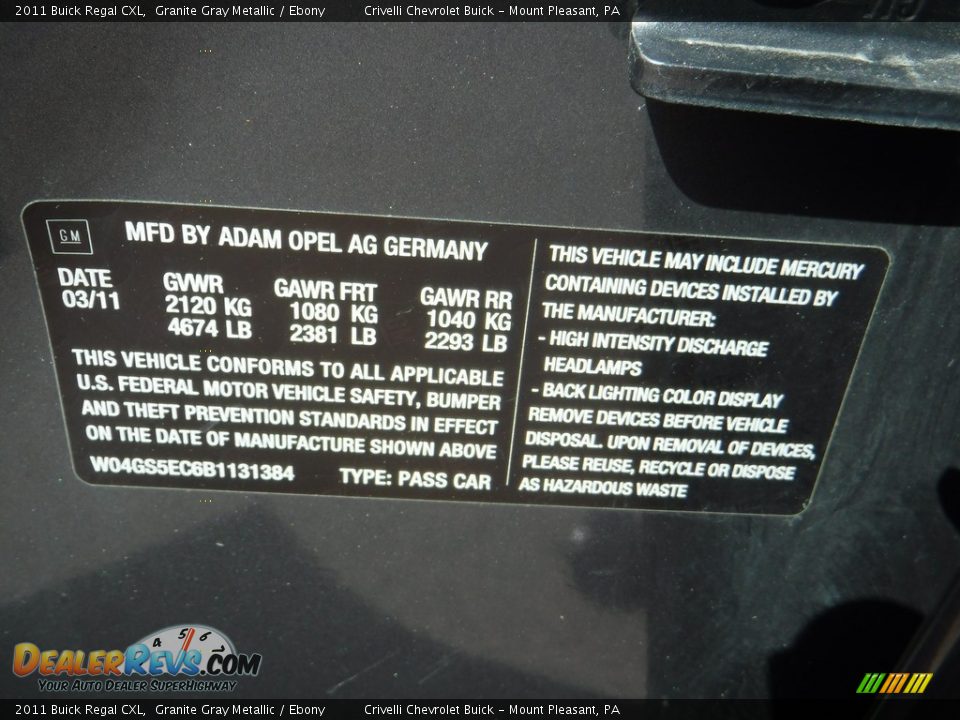 2011 Buick Regal CXL Granite Gray Metallic / Ebony Photo #36