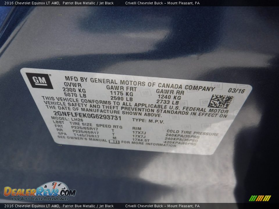 2016 Chevrolet Equinox LT AWD Patriot Blue Metallic / Jet Black Photo #25