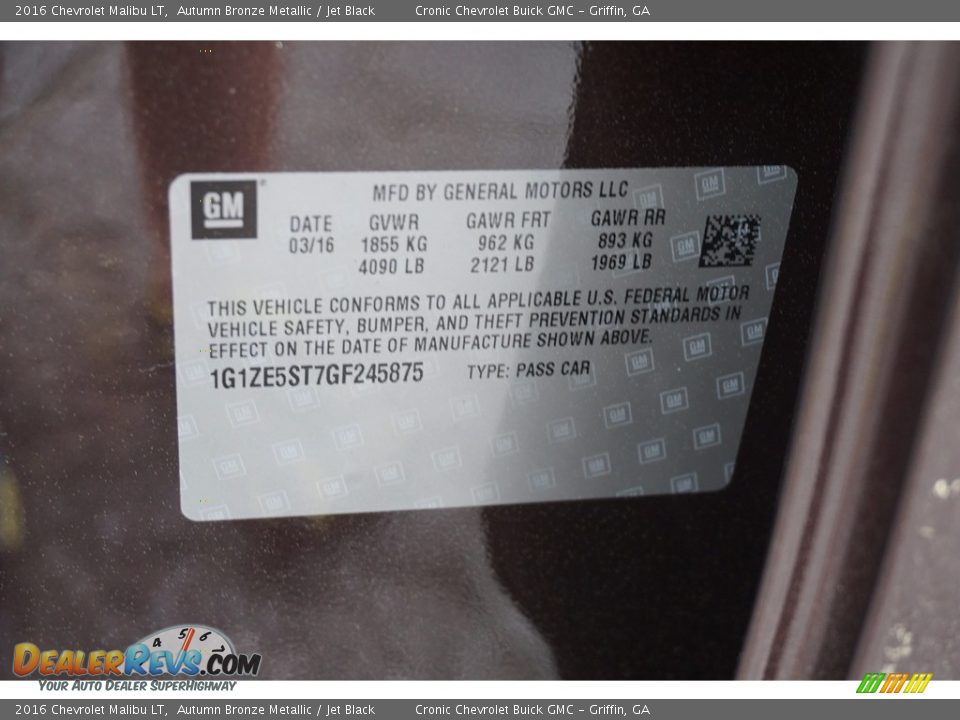 2016 Chevrolet Malibu LT Autumn Bronze Metallic / Jet Black Photo #15