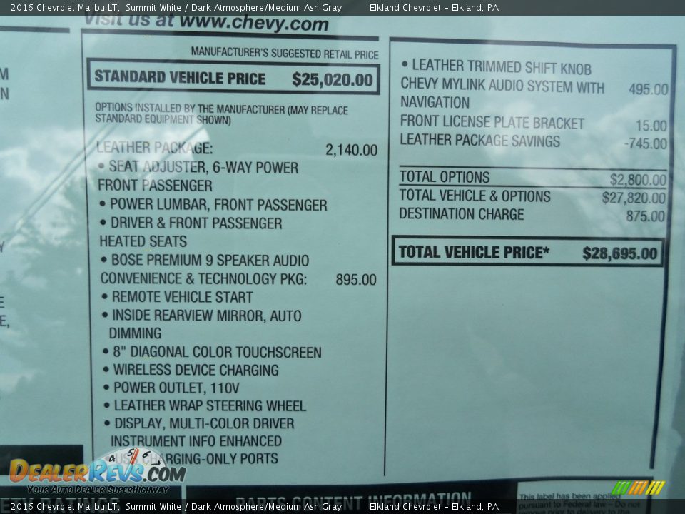 2016 Chevrolet Malibu LT Summit White / Dark Atmosphere/Medium Ash Gray Photo #12