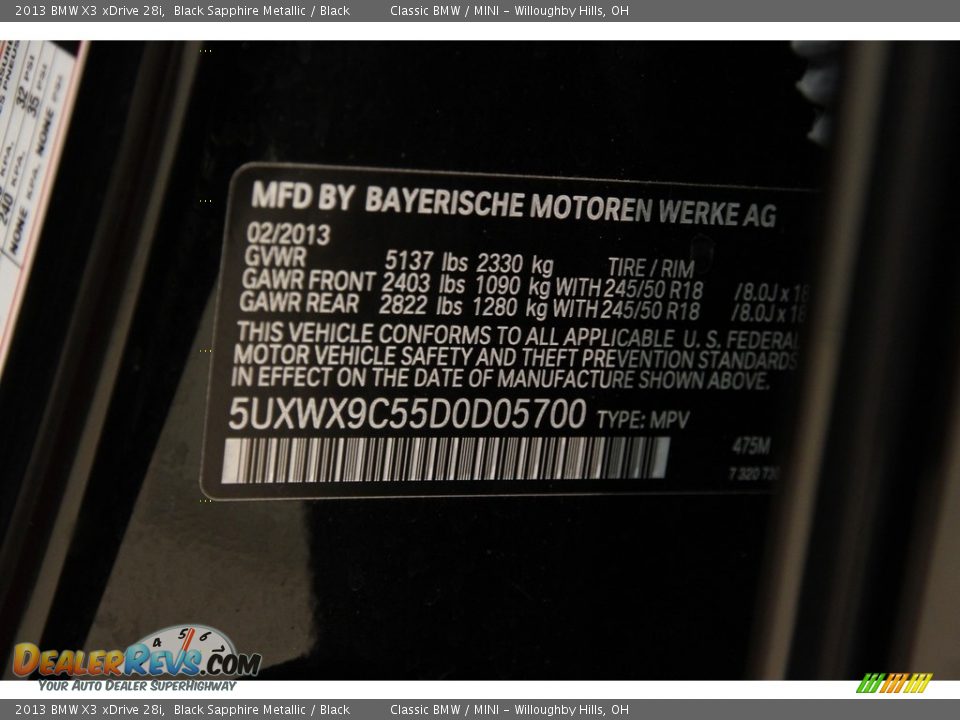 2013 BMW X3 xDrive 28i Black Sapphire Metallic / Black Photo #25