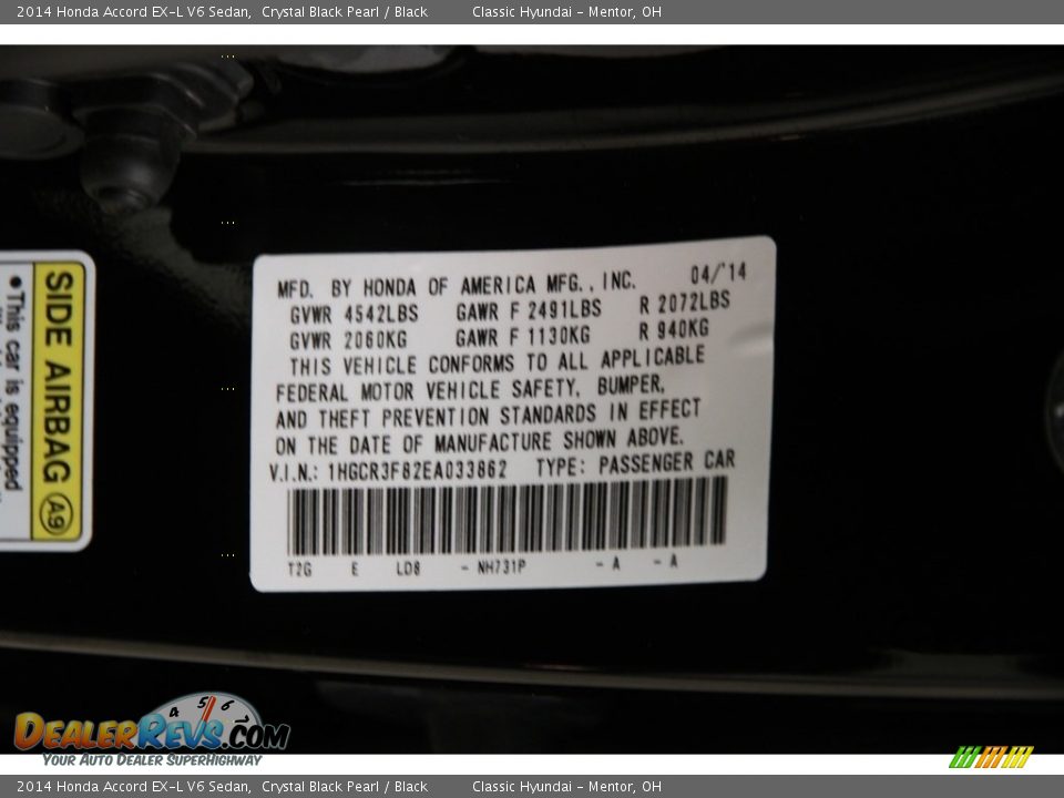 2014 Honda Accord EX-L V6 Sedan Crystal Black Pearl / Black Photo #19