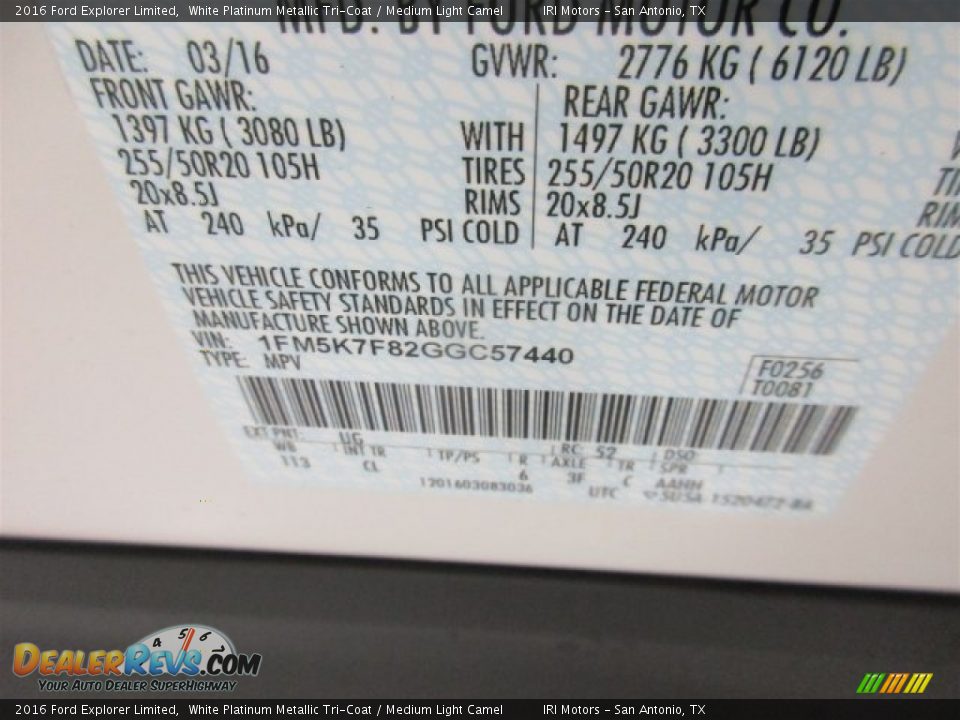 2016 Ford Explorer Limited White Platinum Metallic Tri-Coat / Medium Light Camel Photo #30