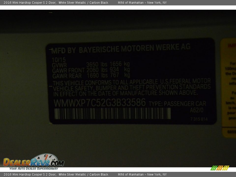 2016 Mini Hardtop Cooper S 2 Door White Silver Metallic / Carbon Black Photo #20