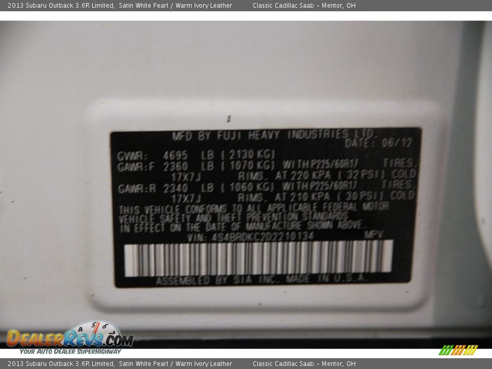 2013 Subaru Outback 3.6R Limited Satin White Pearl / Warm Ivory Leather Photo #18