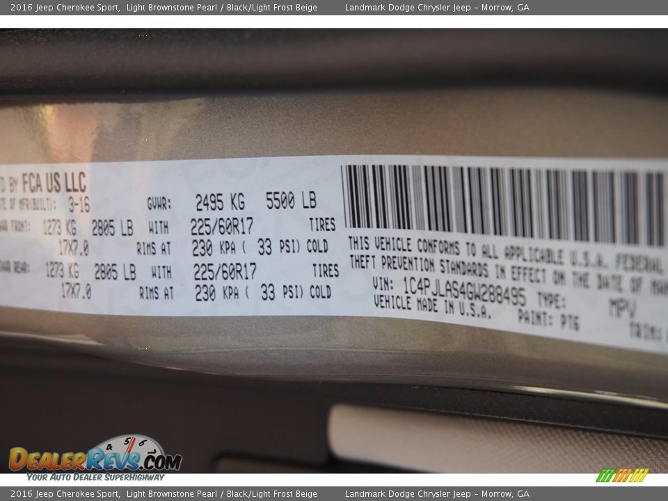 2016 Jeep Cherokee Sport Light Brownstone Pearl / Black/Light Frost Beige Photo #9