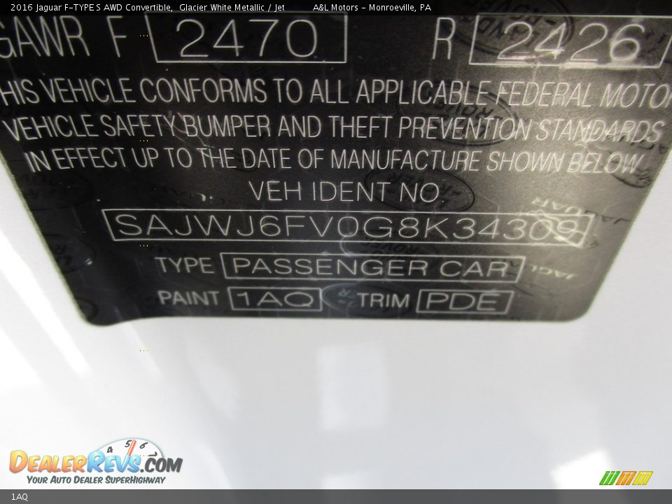 Jaguar Color Code 1AQ Glacier White Metallic