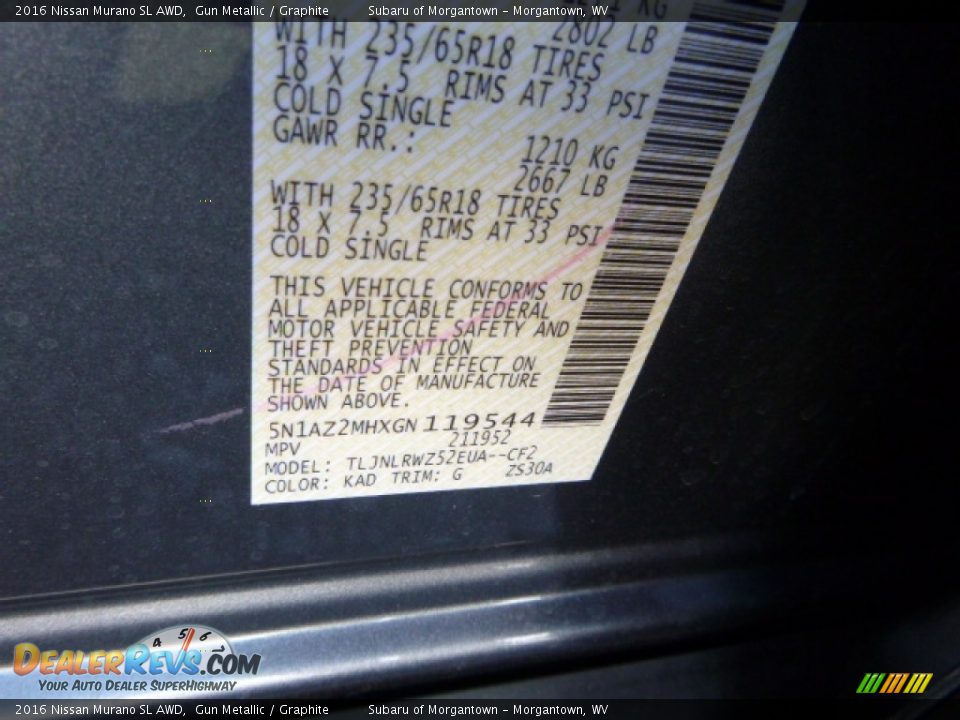 2016 Nissan Murano SL AWD Gun Metallic / Graphite Photo #13