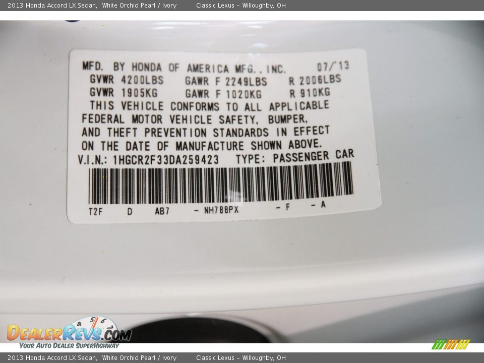 2013 Honda Accord LX Sedan White Orchid Pearl / Ivory Photo #22