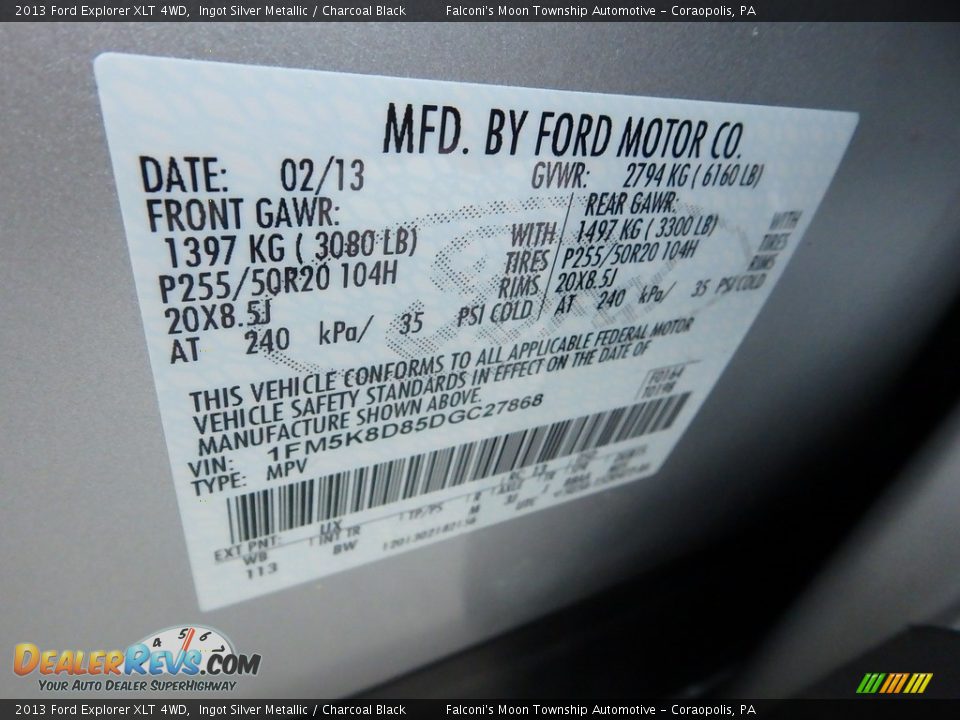 2013 Ford Explorer XLT 4WD Ingot Silver Metallic / Charcoal Black Photo #23
