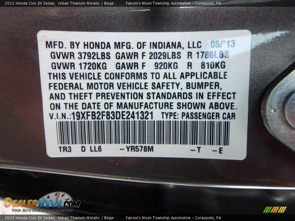 2013 Honda Civic EX Sedan Urban Titanium Metallic / Beige Photo #23
