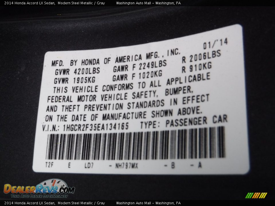 2014 Honda Accord LX Sedan Modern Steel Metallic / Gray Photo #19