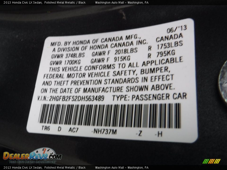 2013 Honda Civic LX Sedan Polished Metal Metallic / Black Photo #19