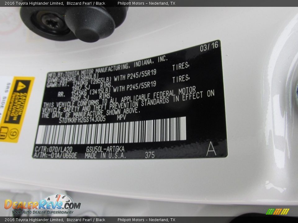 2016 Toyota Highlander Limited Blizzard Pearl / Black Photo #36