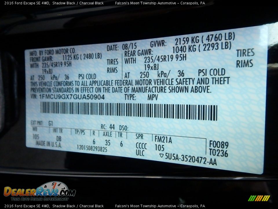 2016 Ford Escape SE 4WD Shadow Black / Charcoal Black Photo #23