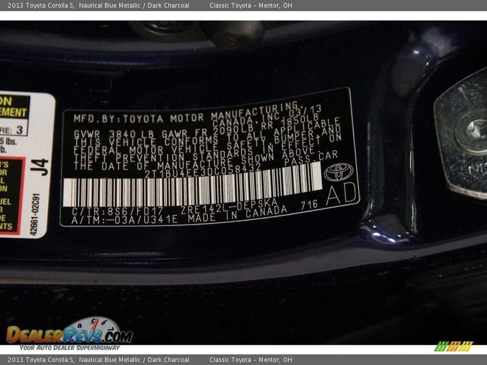 2013 Toyota Corolla S Nautical Blue Metallic / Dark Charcoal Photo #18