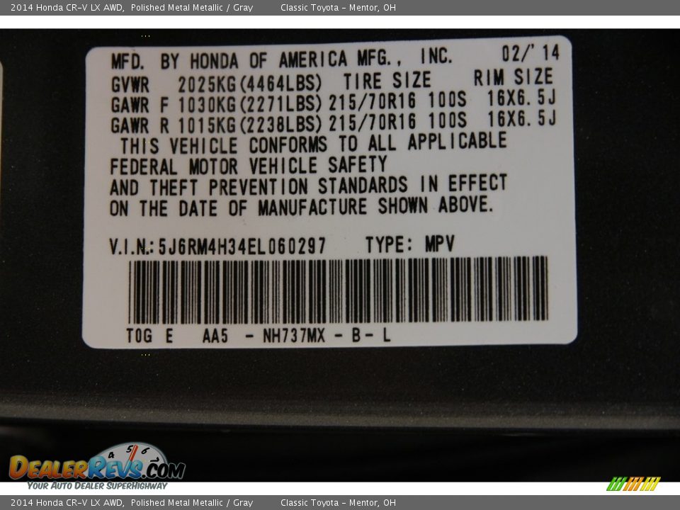 2014 Honda CR-V LX AWD Polished Metal Metallic / Gray Photo #19