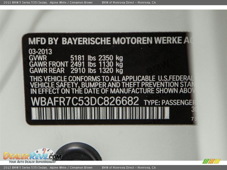 2013 BMW 5 Series 535i Sedan Alpine White / Cinnamon Brown Photo #19
