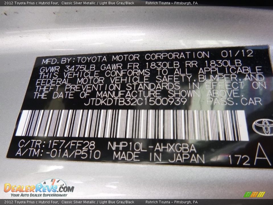 2012 Toyota Prius c Hybrid Four Classic Silver Metallic / Light Blue Gray/Black Photo #25