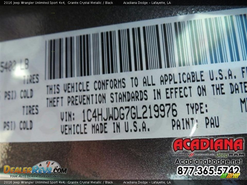 2016 Jeep Wrangler Unlimited Sport 4x4 Granite Crystal Metallic / Black Photo #13