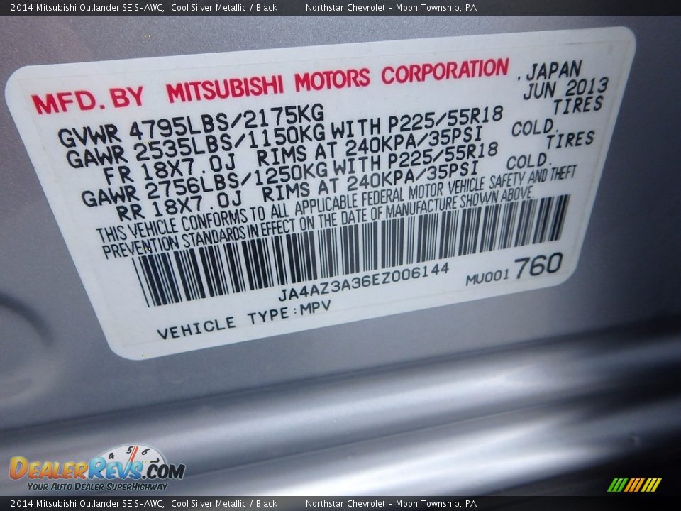 2014 Mitsubishi Outlander SE S-AWC Cool Silver Metallic / Black Photo #28