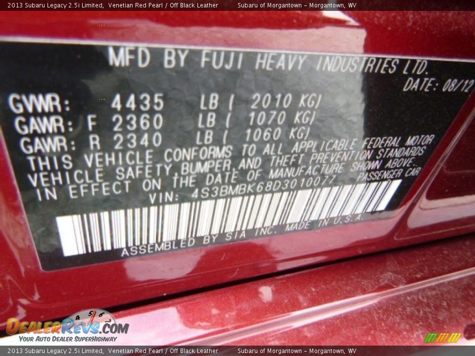 2013 Subaru Legacy 2.5i Limited Venetian Red Pearl / Off Black Leather Photo #15