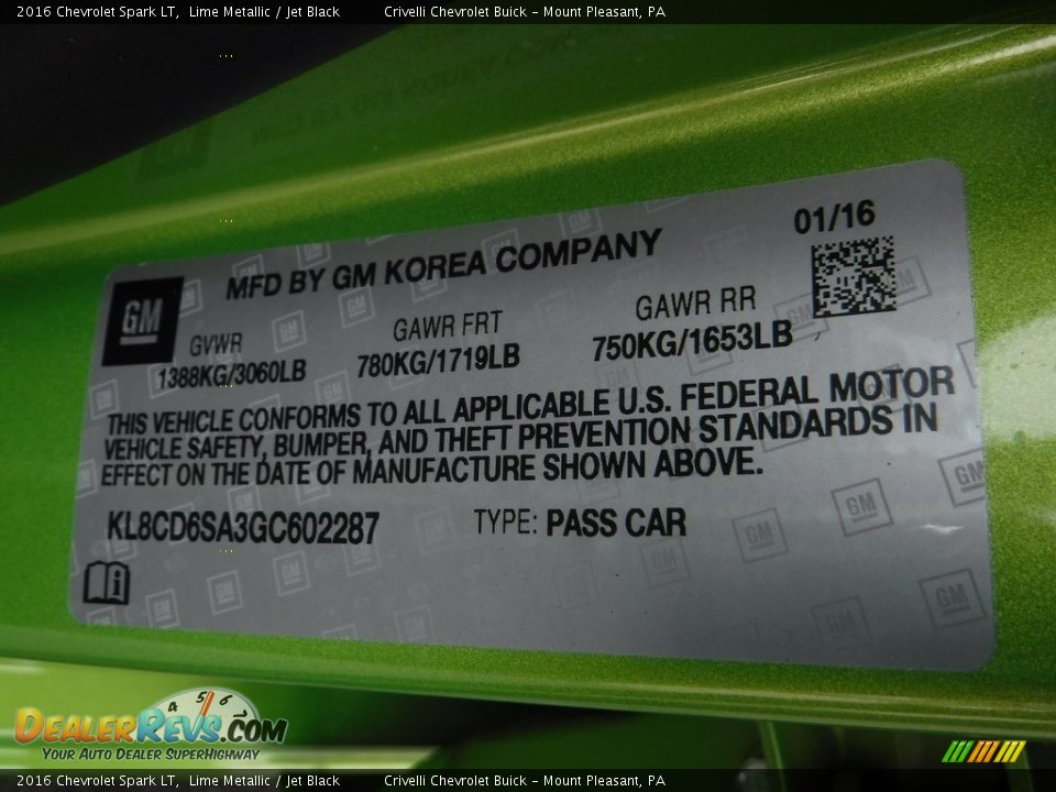 2016 Chevrolet Spark LT Lime Metallic / Jet Black Photo #20