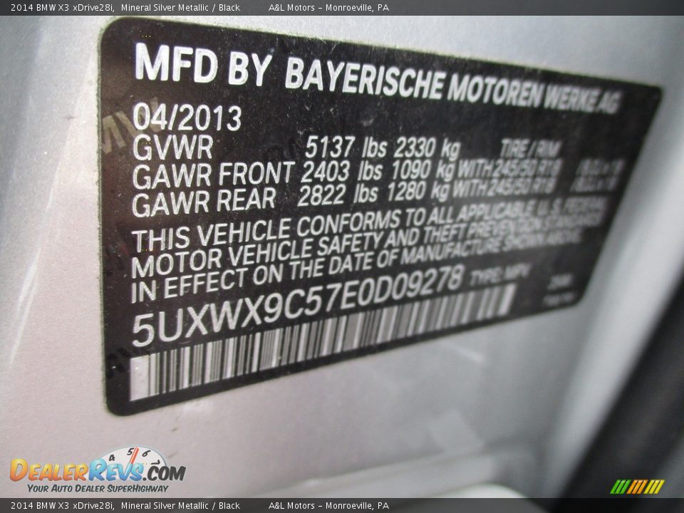 2014 BMW X3 xDrive28i Mineral Silver Metallic / Black Photo #19