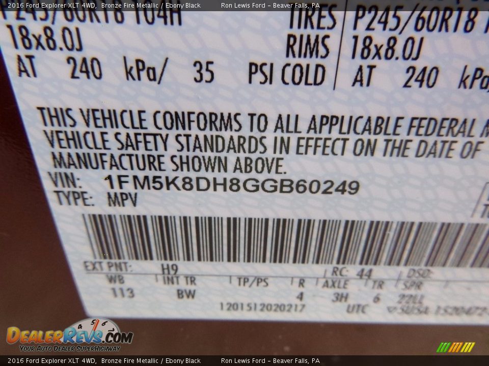 2016 Ford Explorer XLT 4WD Bronze Fire Metallic / Ebony Black Photo #15