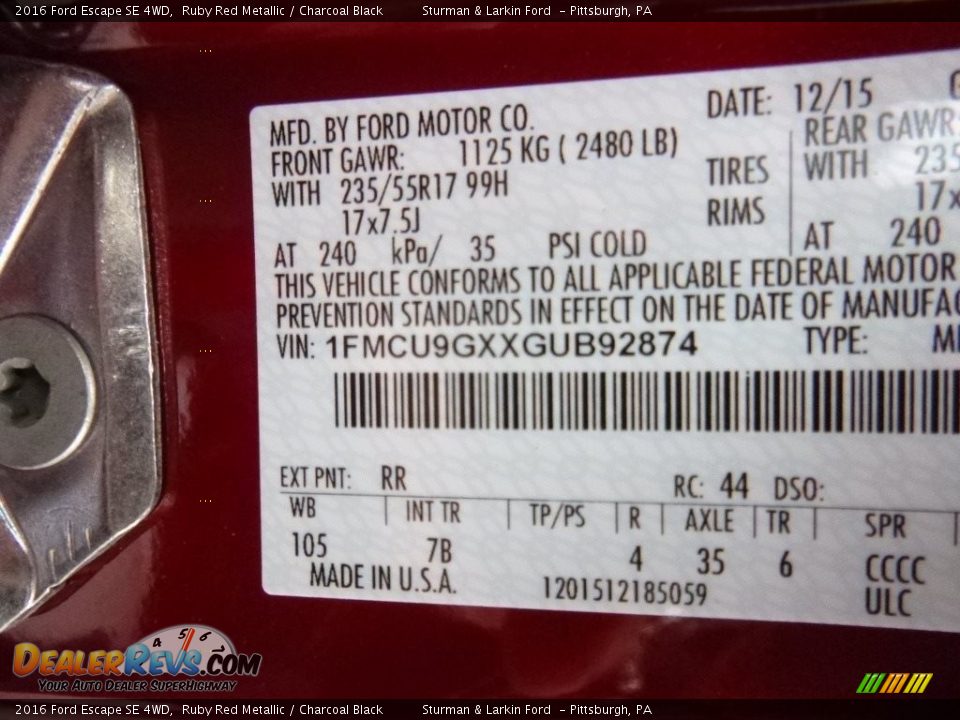 2016 Ford Escape SE 4WD Ruby Red Metallic / Charcoal Black Photo #11